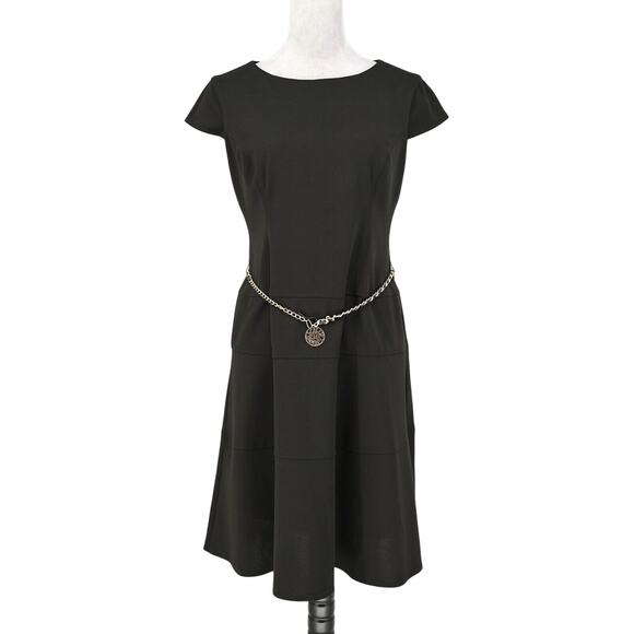 Anne Klein Dress Womens 8 Black Crepe Gold Chain Belt Logo Medallion Zip Career - Picture 1 of 16